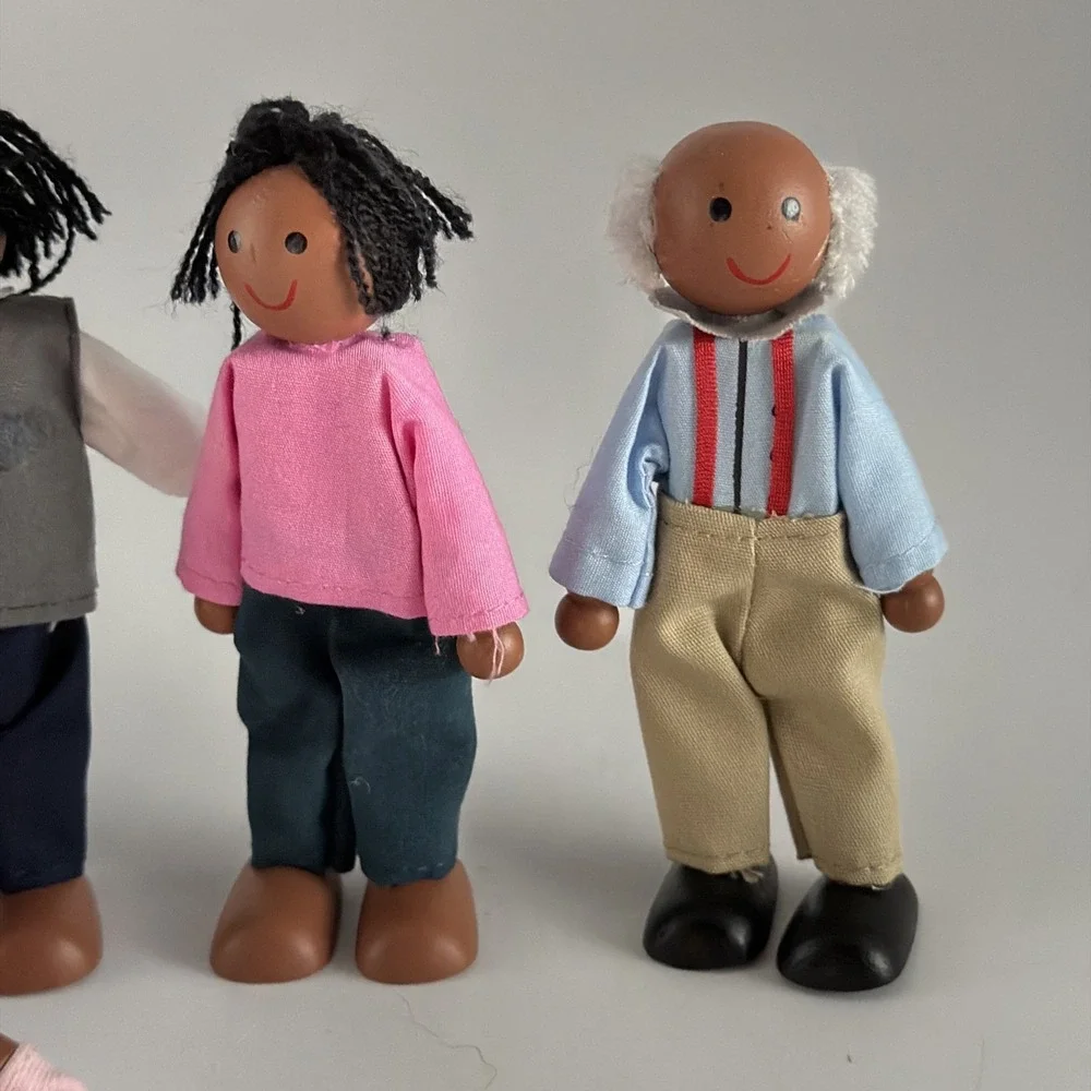 Lot Of 5 Wooden Dolls Poseable Kid Kraft Black Family Inc Baby Mom Dad Grandpa